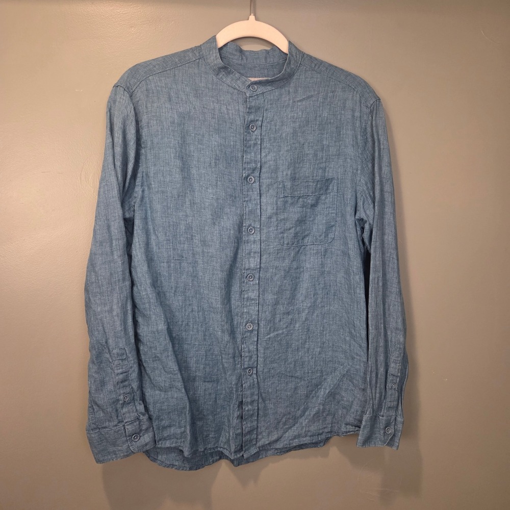 Mind Bridge Men's Collarless Button Up Shirt 100% Flax Blue Size‎ 100cm Chest